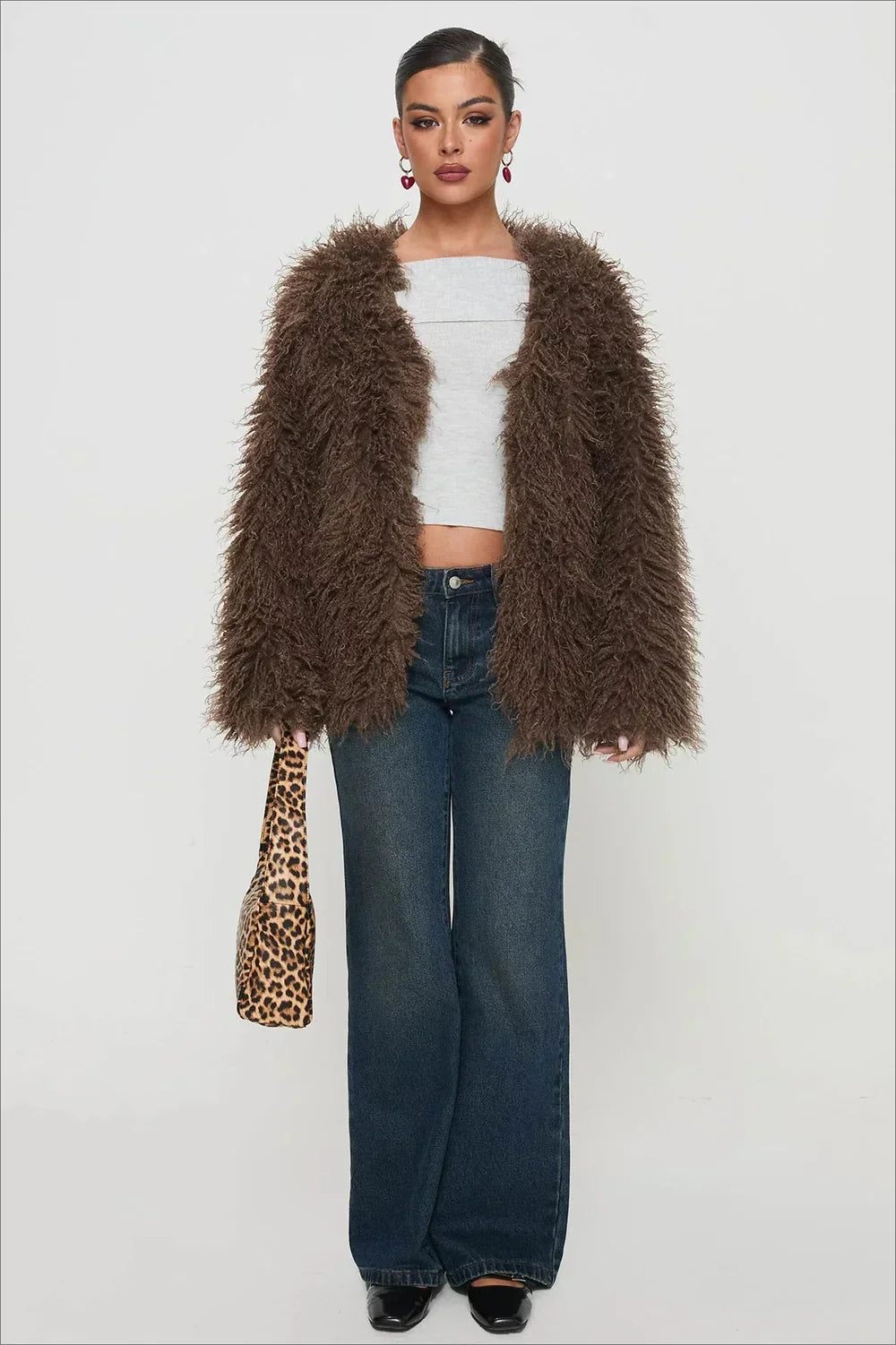 Oversized plush brown faux fur jacket