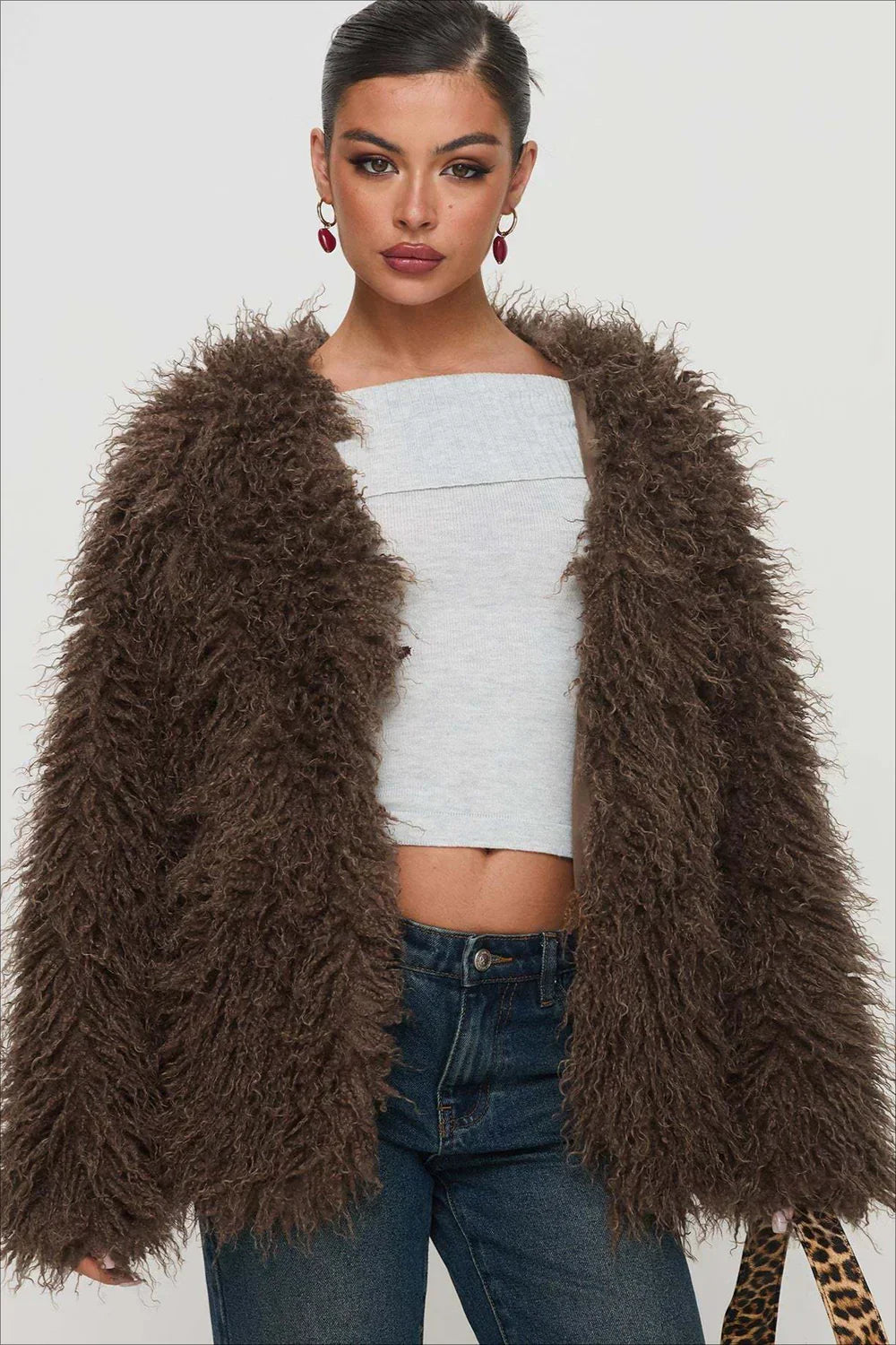 Oversized plush brown faux fur jacket