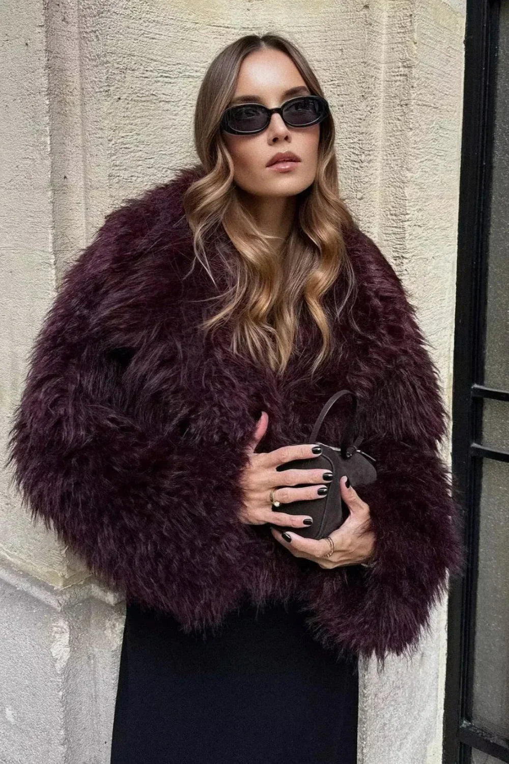 Plush Burgundy Shaggy Faux Fur Jacket