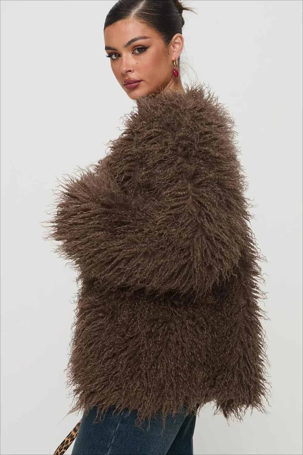 Oversized plush brown faux fur jacket