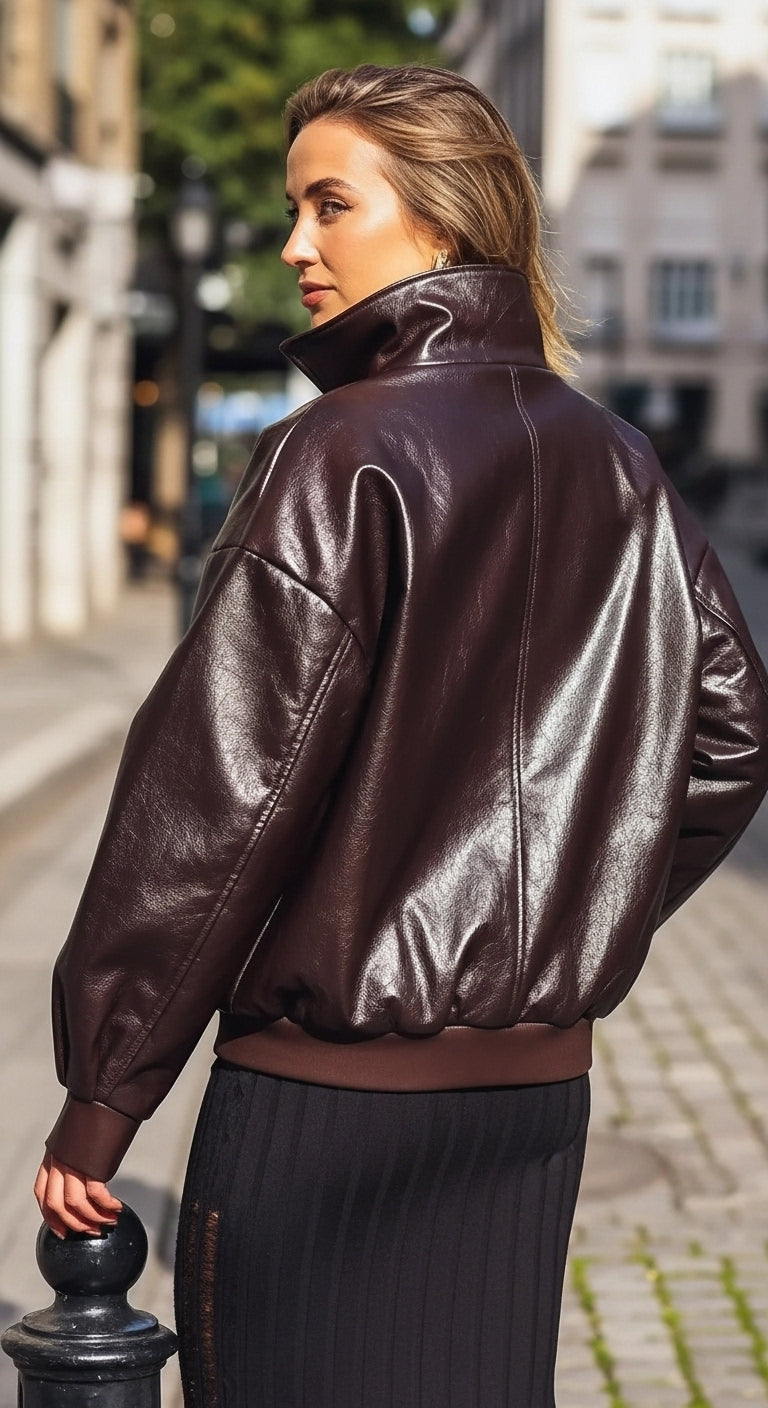 Women’s shiny chocolate-colored jacket – elegance and style