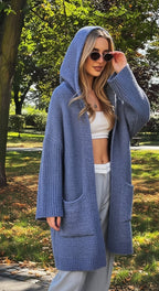 Long women’s cardigan with hood – blue color