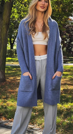 Long women’s cardigan with hood – blue color