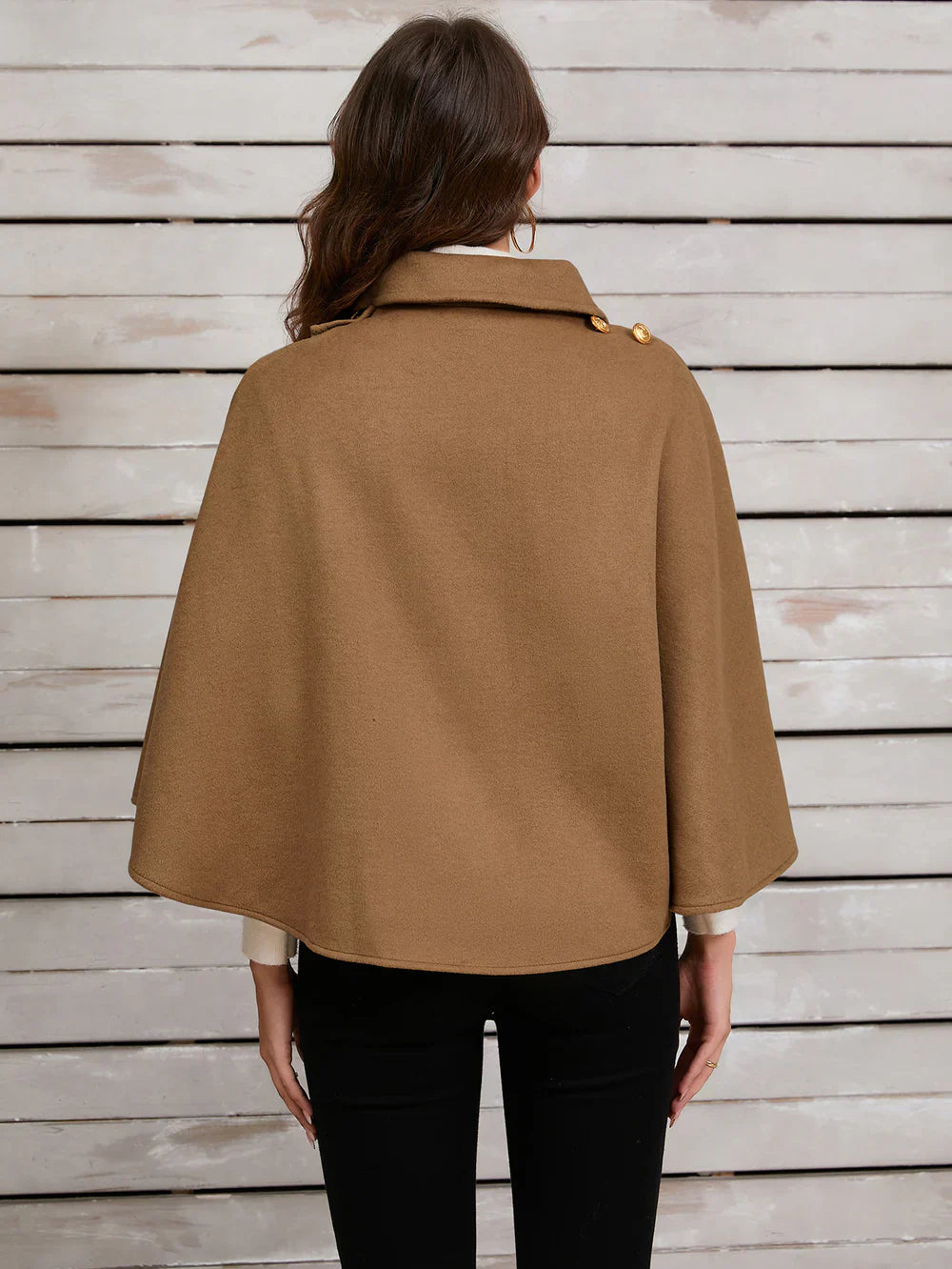 DELPHINA | ELEGANT CAMEL CAPE WITH A GOLD BUTTON