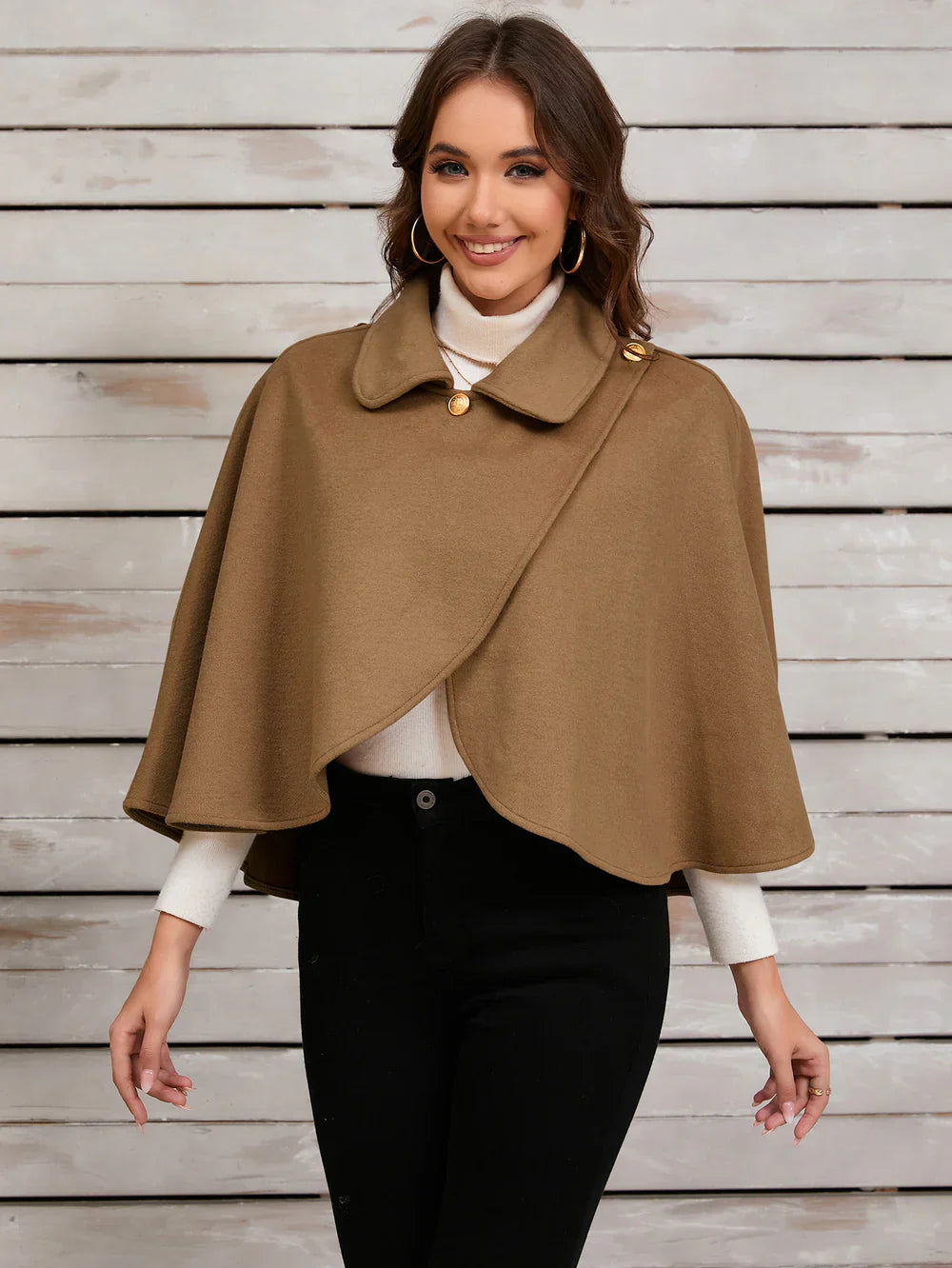 DELPHINA | ELEGANT CAMEL CAPE WITH A GOLD BUTTON