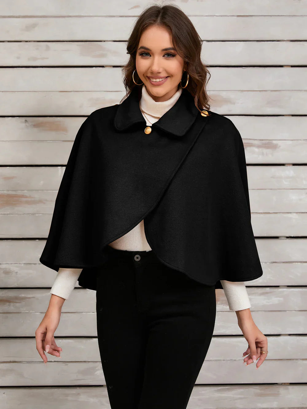 DELPHINA | ELEGANT CAMEL CAPE WITH A GOLD BUTTON