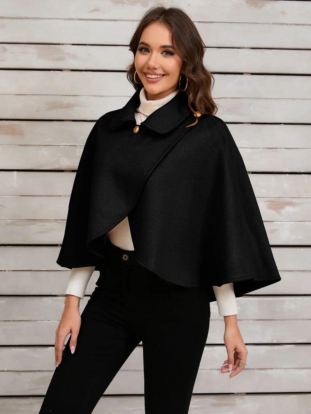 DELPHINA | ELEGANT CAMEL CAPE WITH A GOLD BUTTON