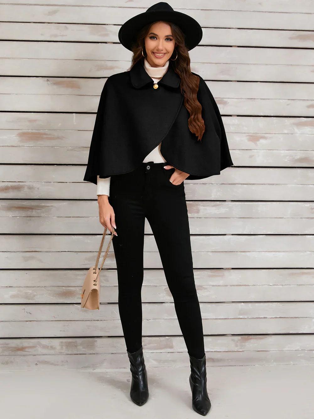 DELPHINA | ELEGANT CAMEL CAPE WITH A GOLD BUTTON