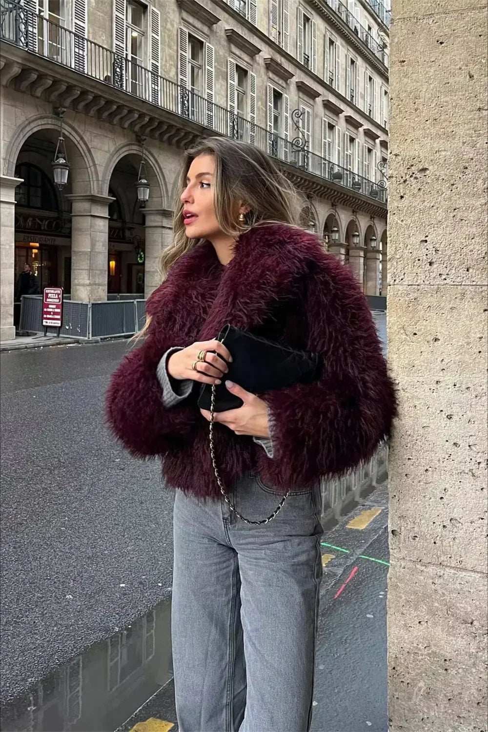 Plush Burgundy Shaggy Faux Fur Jacket