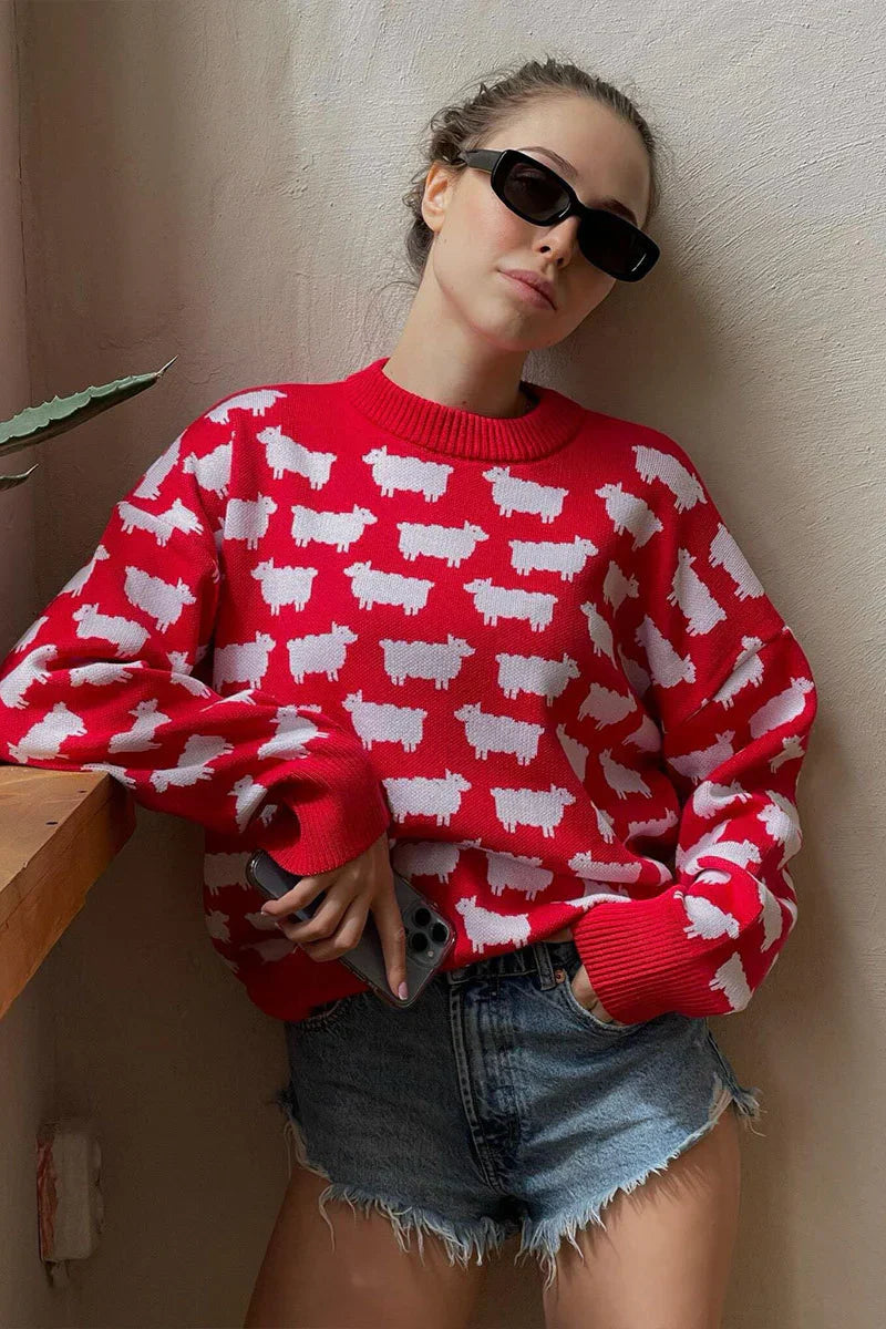 CAMILLA | LOOSE KNIT SWEATER WITH ANIMAL PRINT