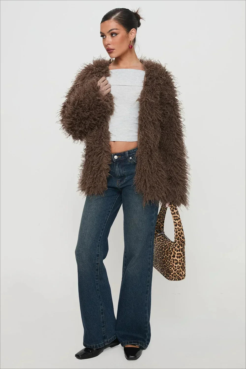 Oversized plush brown faux fur jacket